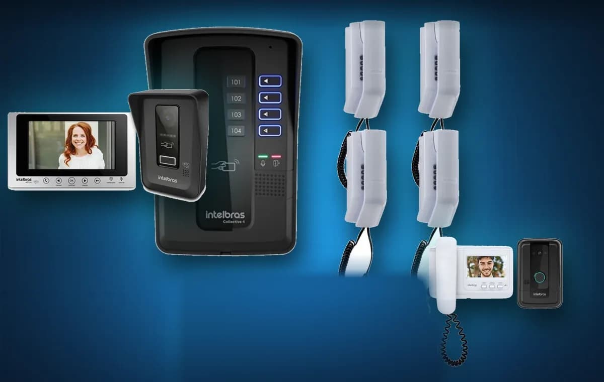 Interfones e vídeo porteiros Intelbras: kit coletivo com 4 aparelhos, monitor de vídeo e porteiro eletrônico